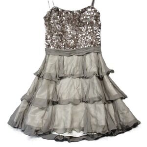 Scala Sequin Mini Dress 14 Taupe Silk Tiered Strappy Lined Cocktail Formal Prom‎